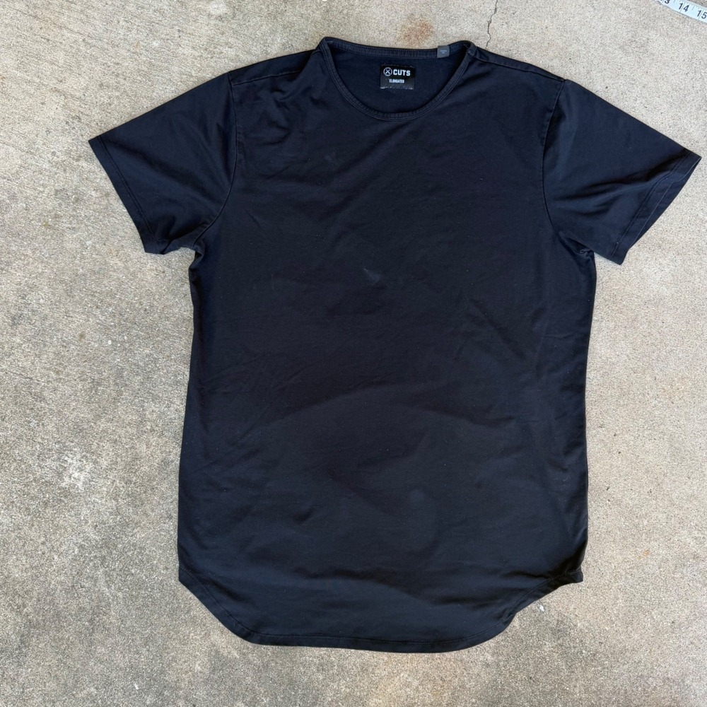 Cuts Elongated Crew Neck T-Shirt Mens XL Black Curved Hem Short Sleeve Tee